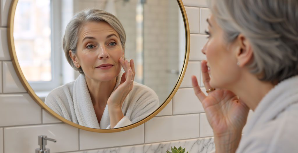 Femme adulte examinant son ovale du visage au miroir