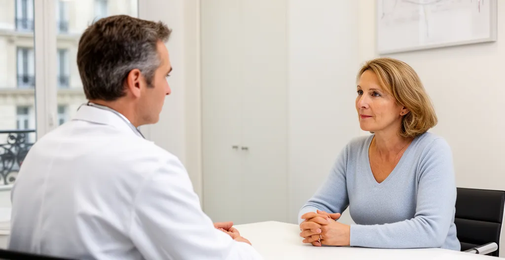 Consultation chirurgien expliquant techniques lifting à patiente