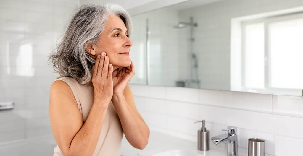 Femme adulte examinant son ovale du visage au miroir