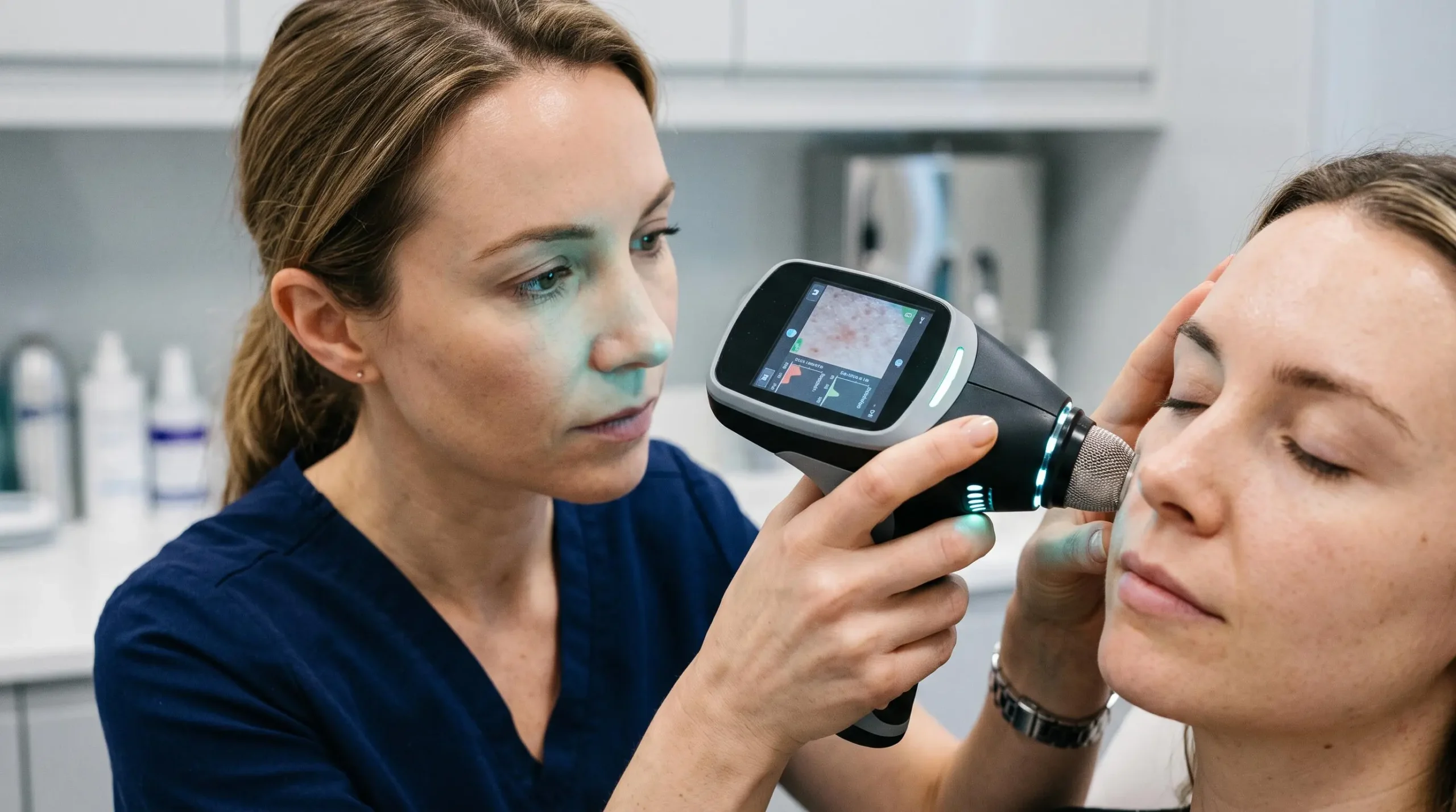 Praticienne utilisant un appareil d'analyse cutanée pour examiner la peau d'une patiente en médecine esthétique