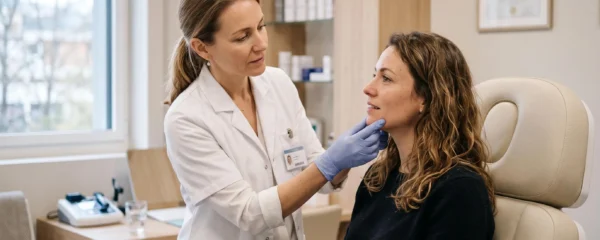 Médecin esthétique examinant le visage d'une patiente lors d'une consultation dans un cabinet médical moderne
