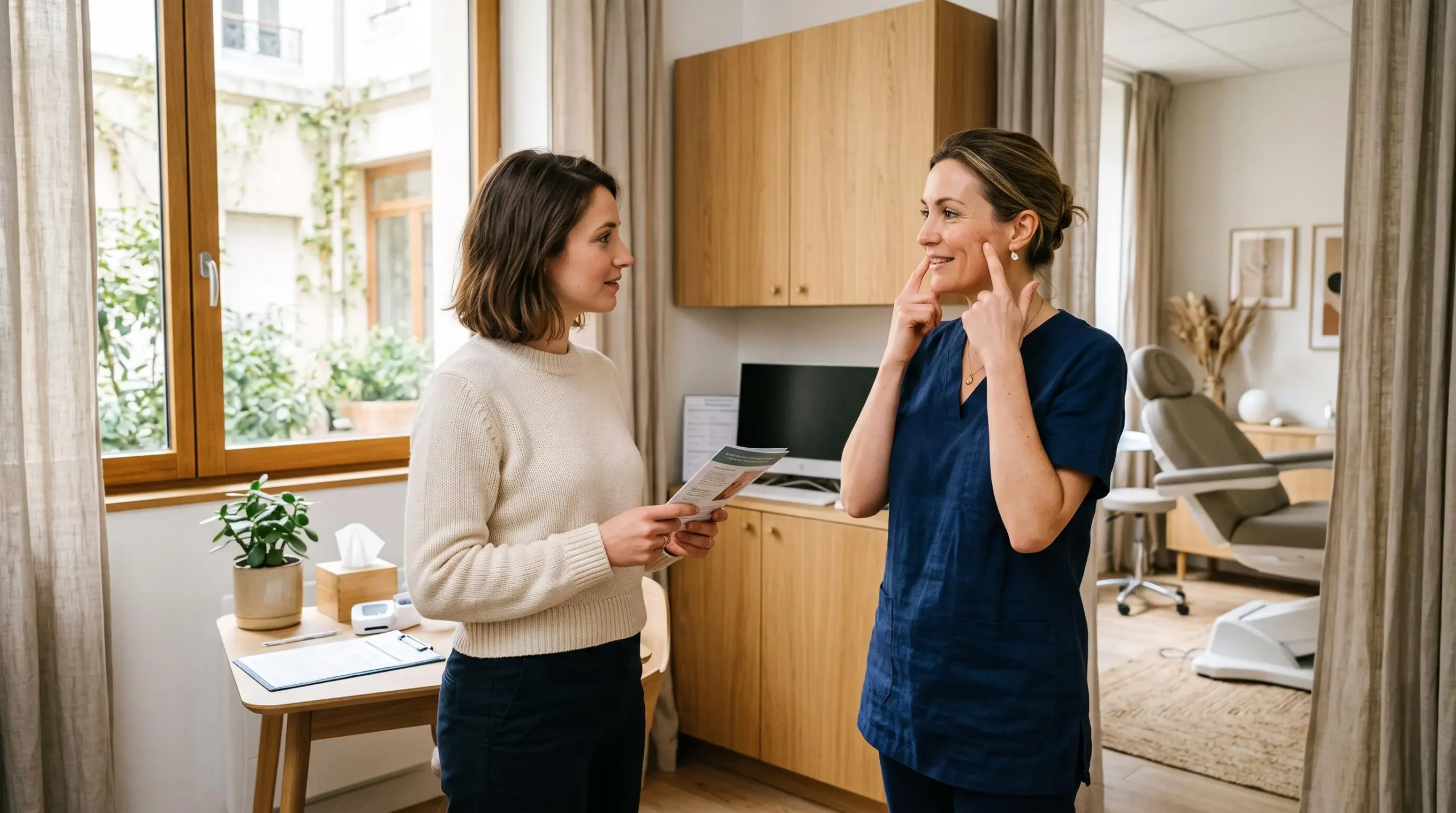 Médecin esthétique expliquant une procédure à une patiente debout lors d'une première consultation médicale