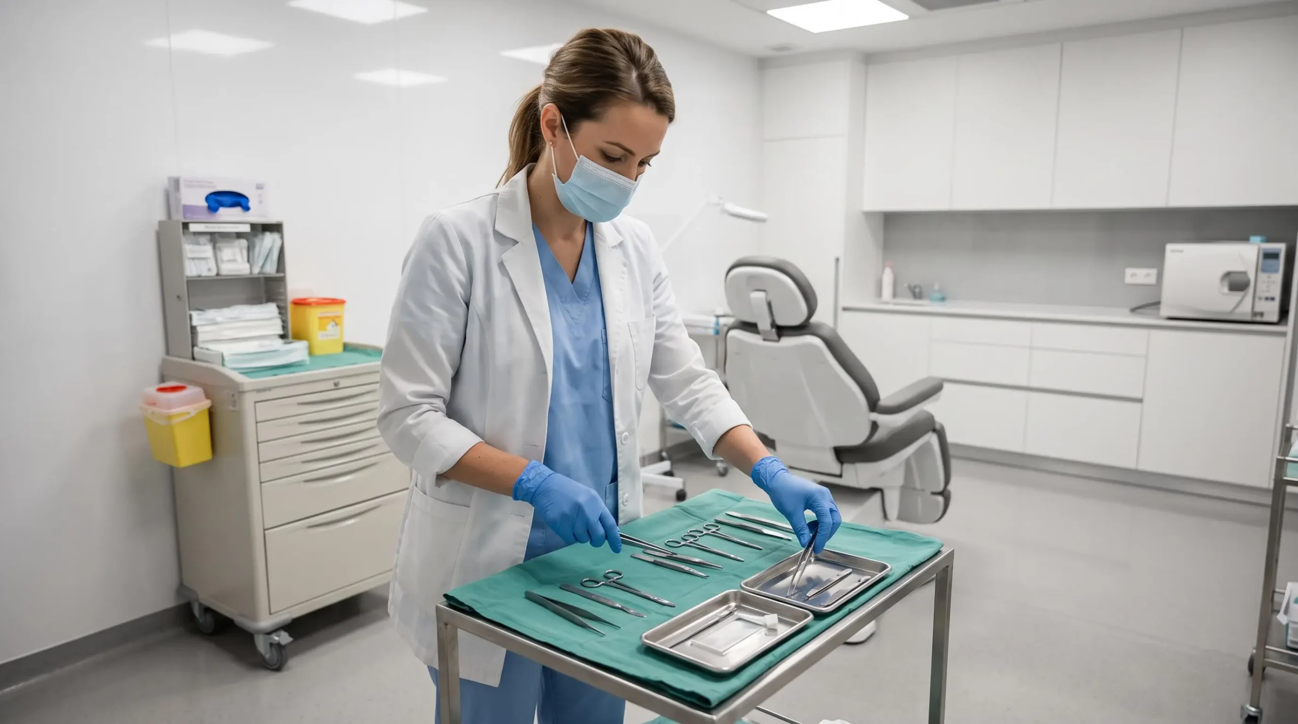 Praticien préparant des instruments médicaux stériles dans une salle de soins de médecine esthétique